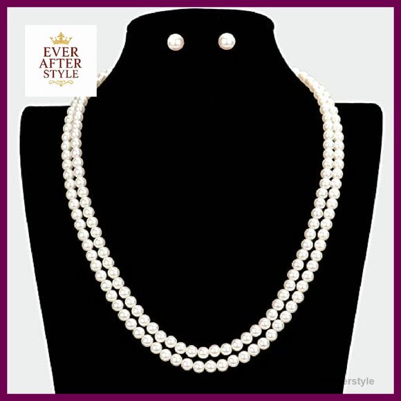 Double Strand Pearl Necklace Earring Set Classic Elegant Adjustable Layered - Picture 3 of 7